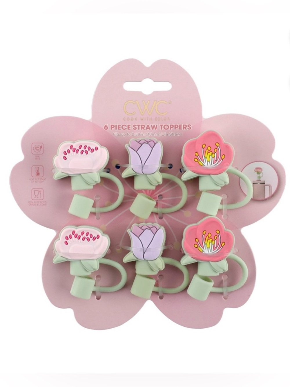 CWC Pink Floral Straw Toppers - 6 Pack